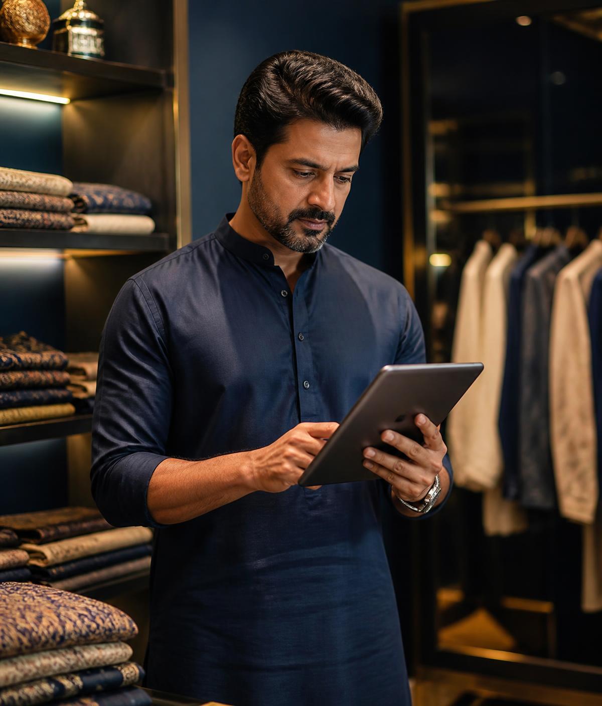 Indian retail store owner reviewing inventory numbers